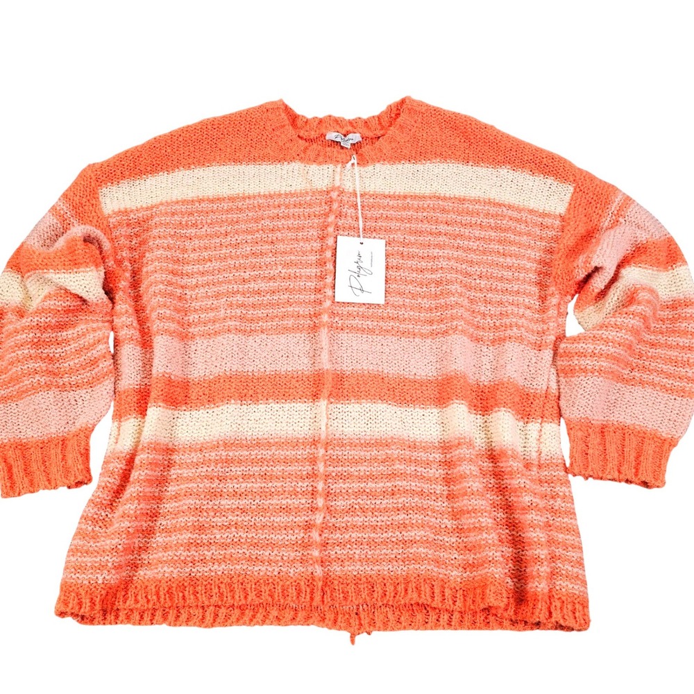 Polagram Striped Oversized Knit Sweater Orange Pink Cream PSW3069-X 2XL NEW